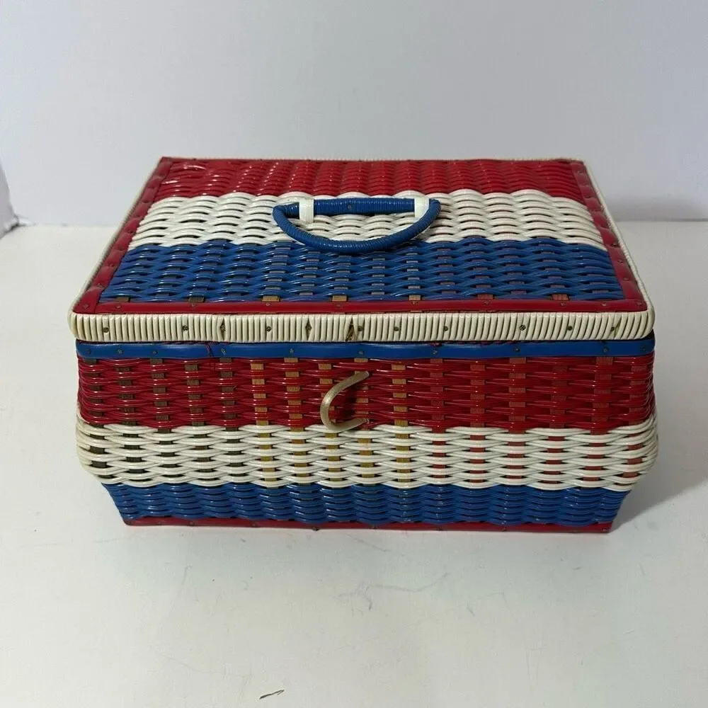 Vintage Red/White/Blue Sewing Basket with Satin Lining